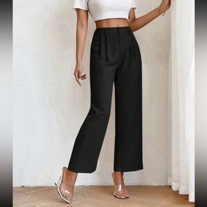 PETITE High Waist Plicated Detail Straight Leg Black Trouser